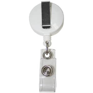 A white retractable badge holder with a metal clip and a transparent reel attachment.