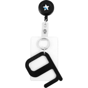 A black retractable badge holder with a clear card holder and a black keychain attached. It features a small logo at the top.