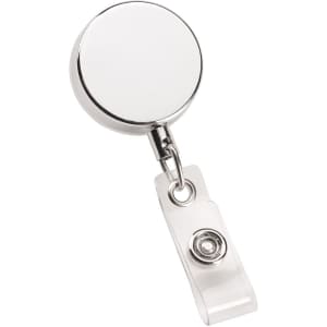 A silver metal zip pull badge holder with a clear strap attachment for securing badges.
