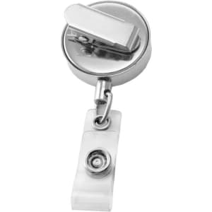 A metallic zip pull badge holder with a clear plastic strap, featuring a circular metal reel and a clip on top.