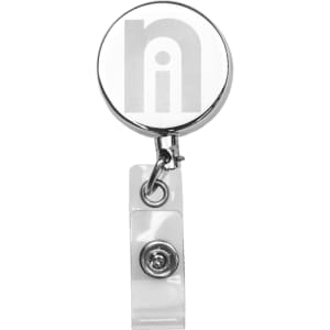 A metal zip pull badge holder with a circular top, featuring a logo and a clear attachment clip.