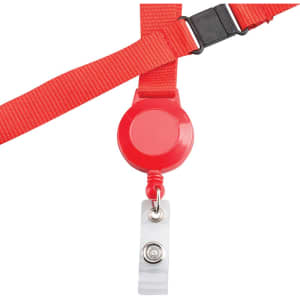 A red retractable badge holder with a clear strap, featuring a round reel and attached clip.