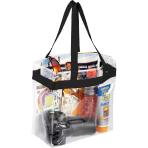 A clear stadium tote bag filled with a camera, sunscreen, drinks, tickets, and magazines, featuring black handles.
