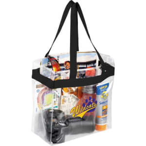 A clear tote bag with black handles, containing various items like a drink bottle, sunscreen, and documents.