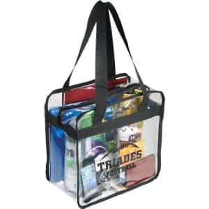A clear zippered safety tote bag with black trim, featuring various items inside. The bag has a logo on one side.