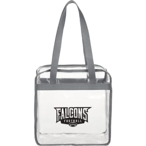 Clear zippered tote bag with grey straps, featuring a logo on the front. Suitable for carrying various items.