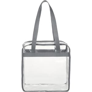 A clear zippered tote bag with grey straps, featuring a simple and spacious design.