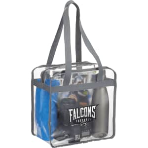 A clear zippered tote bag in grey containing sports gear and a small blue item, with a logo on the front.