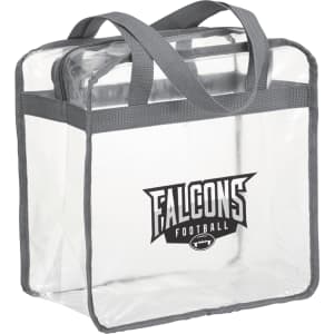 A clear zippered tote bag with grey handles, featuring a logo on one side. Suitable for safety compliance.