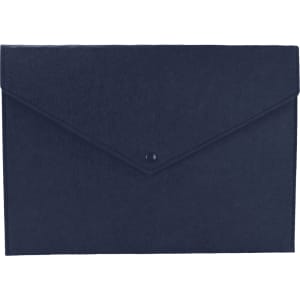 A navy felt folder with a button closure, featuring a smooth exterior and a classic envelope design.
