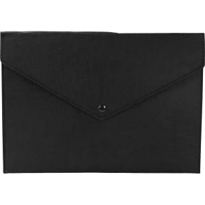 A black felt folder with a flap closure and a button fastener, featuring a logo.
