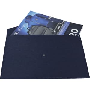 A navy Fab Felt Folder with an interior pocket, holding a brochure. It features a logo on the front.