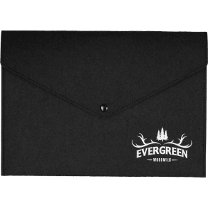A black felt folder with a flap closure and a logo print on the front.