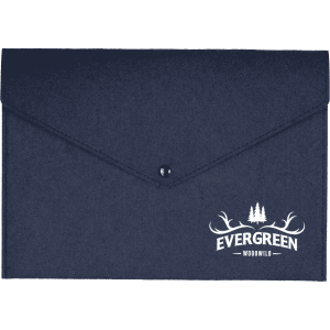 A navy felt folder with a pointed flap closure and a logo on the front.