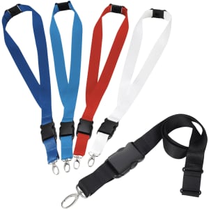 A set of five lanyards in blue, red, white, and black, featuring clips and buckles. Each has a logo.