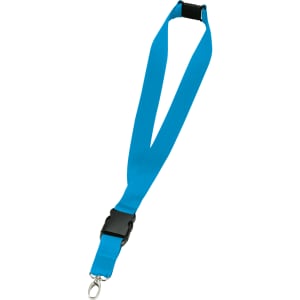 A blue 25mm lanyard with a plastic clasp and a metal hook for attachments. It features a small logo.