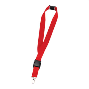 A red 25mm lanyard featuring a clip and black plastic buckle, suitable for events and exhibitions.