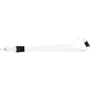 A 25mm white lanyard featuring a black clip and attachment, suitable for events and exhibitions.