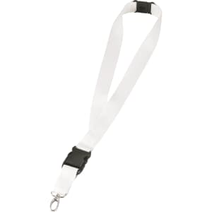A 25mm white lanyard featuring a black clip and a metal attachment for securing items.