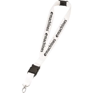 A white lanyard featuring a clip at the end and a logo pattern running along its length.