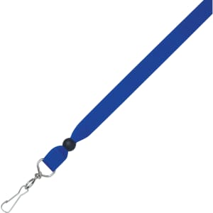 A blue ribbon lanyard, 15mm wide, featuring a silver clip and a black rubber connector.