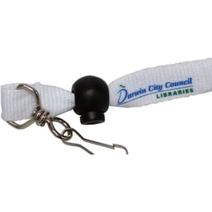 A white ribbon lanyard with a black clasp and a logo attached, ideal for promotional use at events.