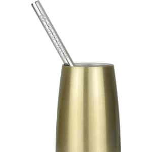 A stainless steel straw in a gold-coloured drink bottle, featuring a simple logo on the straw.