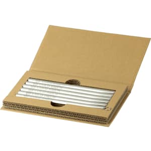 A set of stainless steel straws in a brown cardboard packaging with a logo. The straws are silver and sleek.