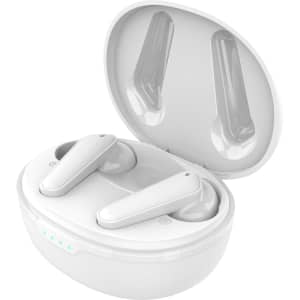 White wireless earbuds in a compact charging case, featuring a sleek design and a logo on the case.