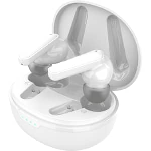 A pair of white earbuds with grey accents stored in a white charging case. The case has a logo on it.