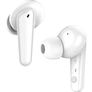 White wireless earbuds featuring a sleek design, with a small logo on one side.