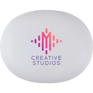 A white charging case designed for earbuds with a branding logo in pink and purple tones.