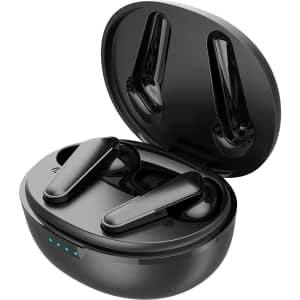 A pair of black wireless earbuds inside a charging case with a glossy finish and visible LED indicator lights.