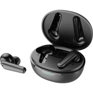 Black wireless earbuds in a charging case, one earbud outside the case, featuring a sleek design and logo.