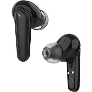 Black wireless earbuds with a glossy finish, featuring a logo and a silicone tip for comfort.
