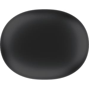 A pair of wireless earbuds in black, presented in a sleek, rounded charging case with a minimalist design.