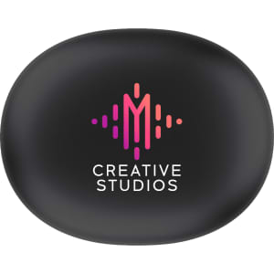 A black case featuring a logo, designed to hold earbuds. The design includes vibrant colours of pink and purple.