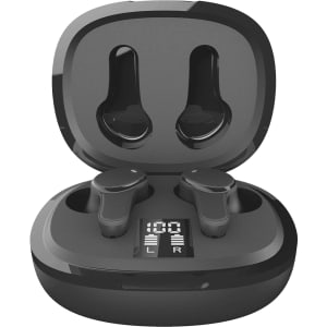A pair of black Prixton TWS159 ENC and ANC earbuds in a charging case with a digital display.