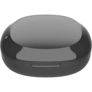 A black charging case for earbuds with a smooth surface and a compact shape. It features a logo on the front.