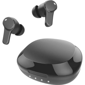 Wireless earbuds in black with a charging case, featuring a smooth design and indicator lights.