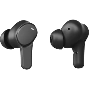 Black Prixton TWS159 ENC and ANC earbuds with a sleek design, featuring a logo on one earbud.