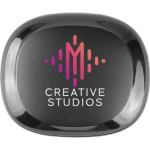 A black charging case for earbuds featuring a logo and colourful design elements.