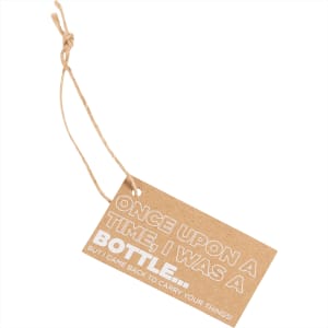 A recycled drawstring bag with a neutral colour and a logo, featuring a tag with a playful message.