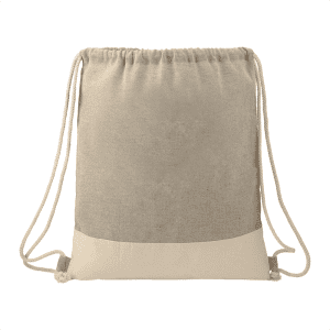 A beige drawstring bag made from recycled cotton, featuring a contrasting cream section and natural-coloured drawstrings.