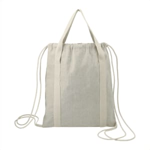 A recycled cotton drawstring bag in light beige with dual straps and a simple design, featuring a logo.