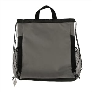 A grey drawstring bag with black mesh side pockets and a top handle, featuring a logo.
