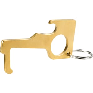 A gold-coloured no contact keychain tool with a keyring attachment, designed for hygienic use.