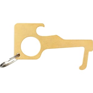 A gold metal no contact keychain with a loop for attaching to keys and a hook for opening doors.