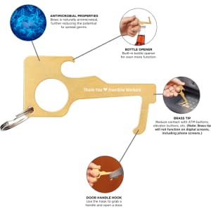 A gold keychain tool with antibacterial brass, featuring a bottle opener, a door handle hook, and a branding logo.
