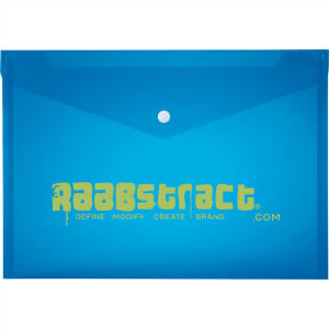A blue plastic folder with a button closure and a branding logo on the front.